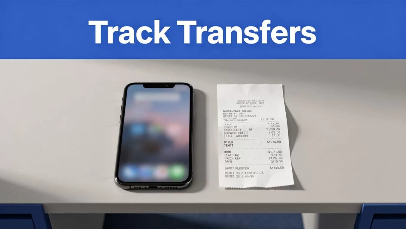 A smartphone showing a blurred transfer screen beside a receipt on a modern desk.
