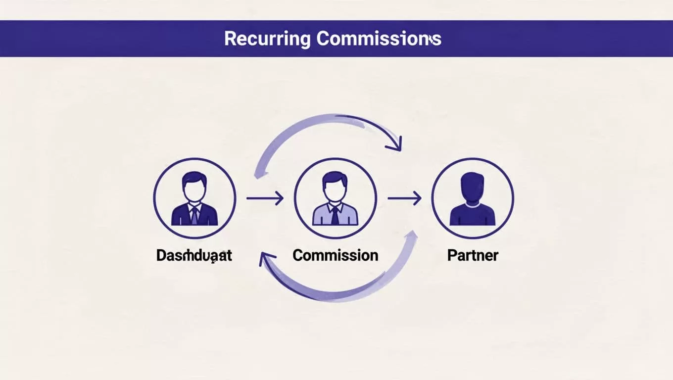 A central dashboard connects three partner nodes with circular arrows beneath an indigo header band.