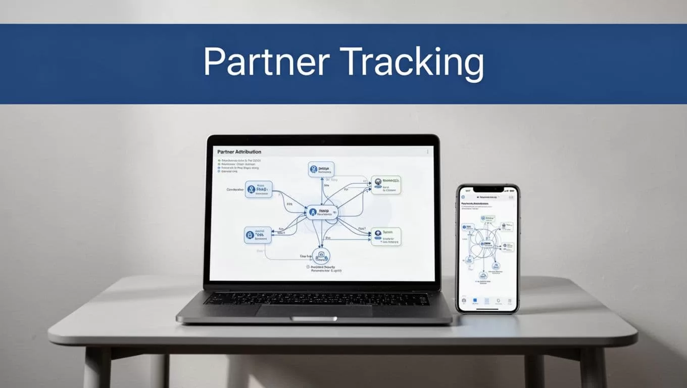 A laptop and phone beside a diagram connecting partner links to commission records.