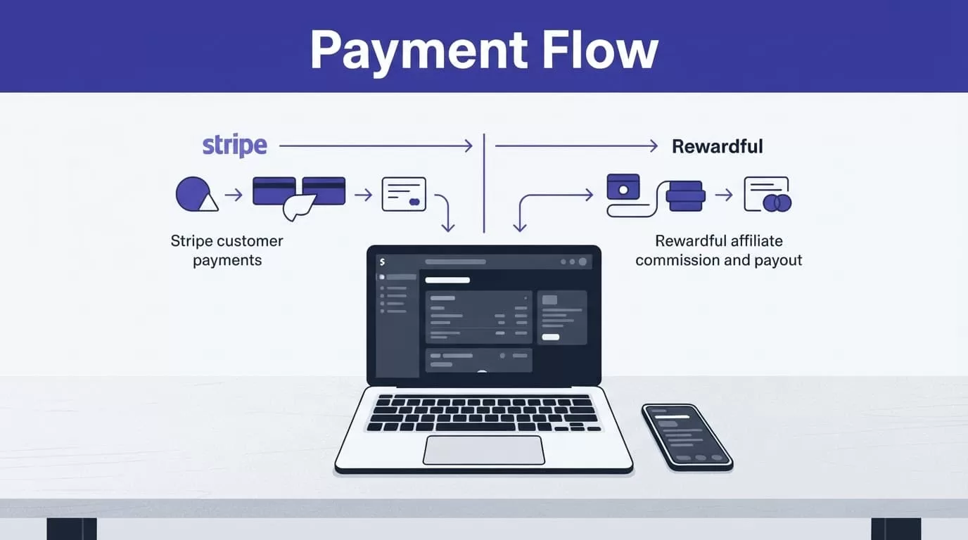 Laptop and phone beside separate payment and affiliate payout flow diagrams.