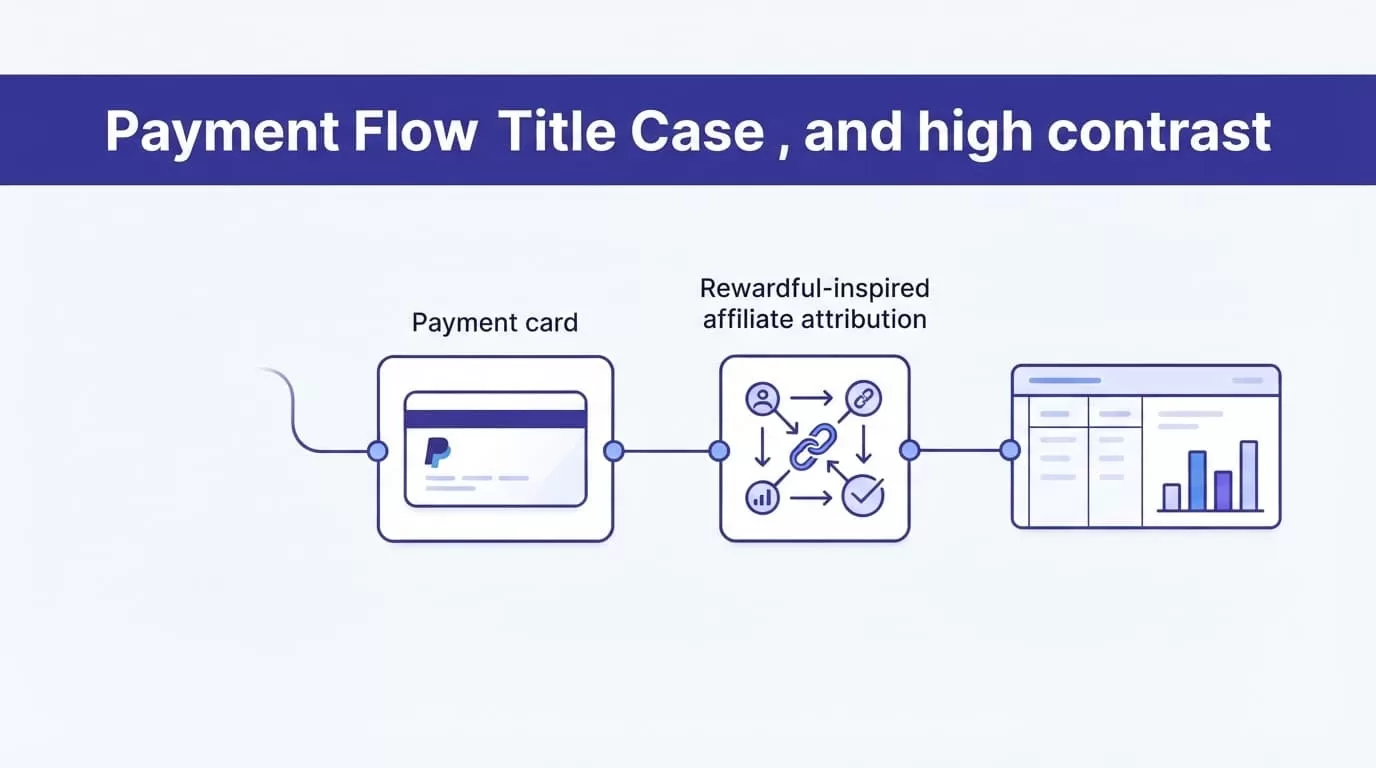 Payment card flows through affiliate tracking to a commission report.