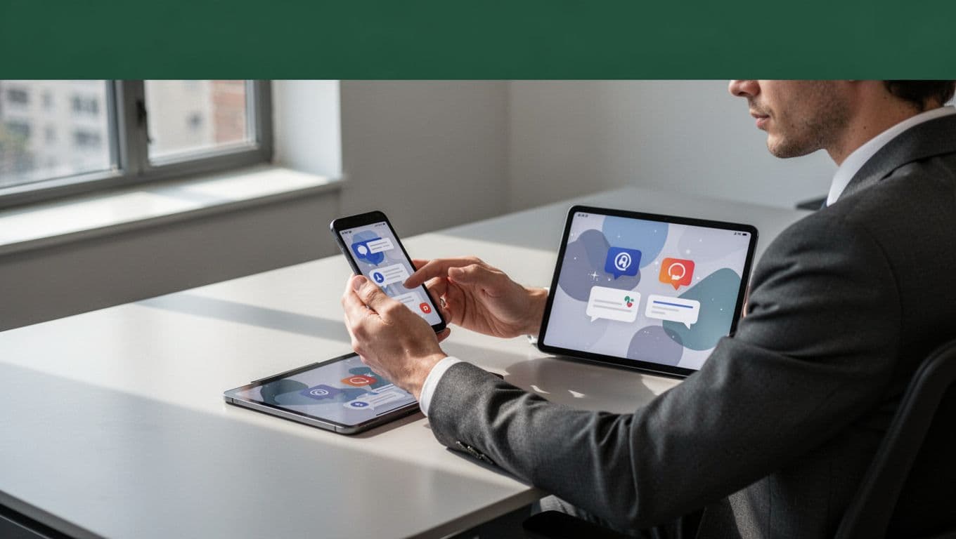 A person works beside a smartphone and tablet showing payment notification workflows.