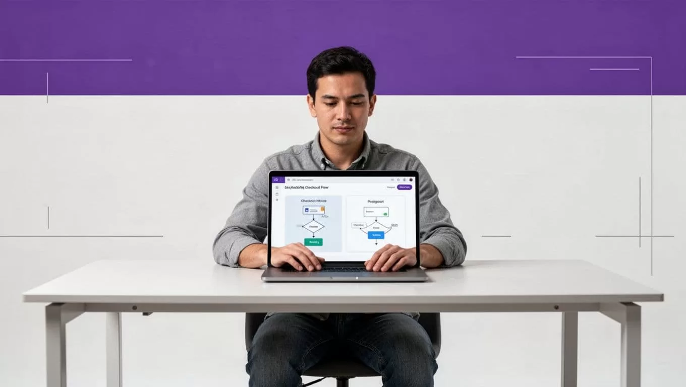 Person checking two checkout paths on a laptop beneath an indigo banner.