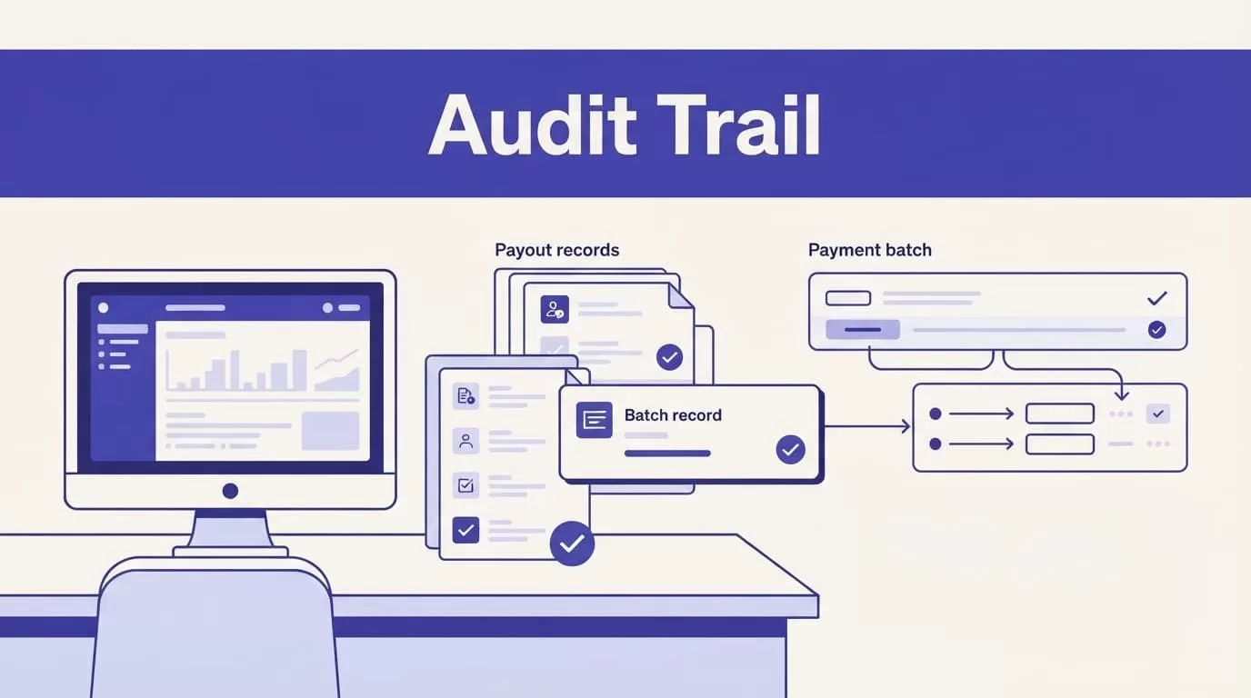 Monitor and documents show payout records, verification checks, and a payment batch.