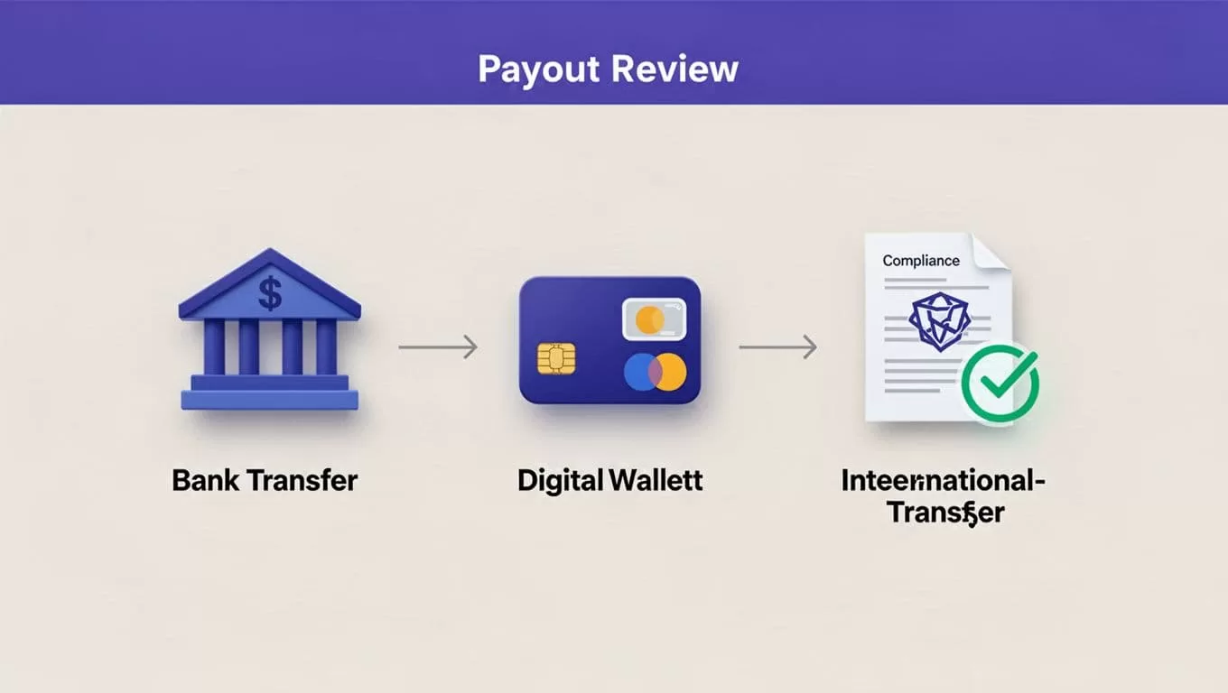 A payout review panel with transfer symbols and compliance icons in a modern finance workspace.
