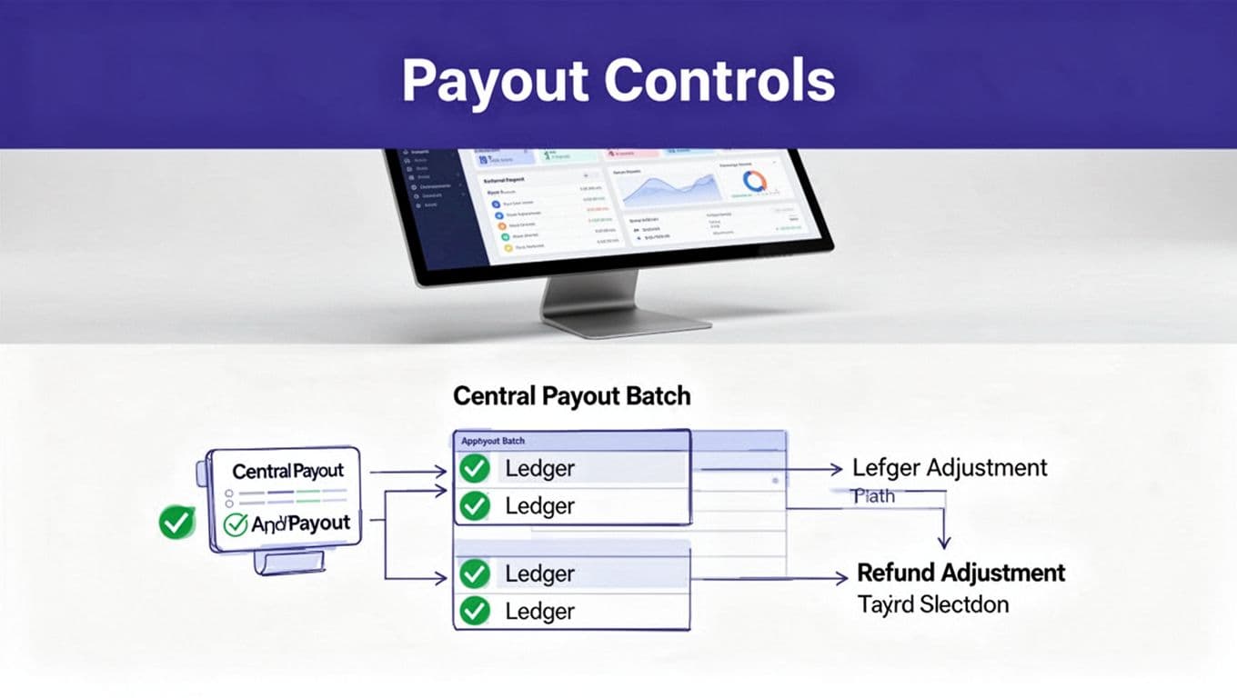 Workflow showing payout approval, ledger reconciliation, and a separate refund path.