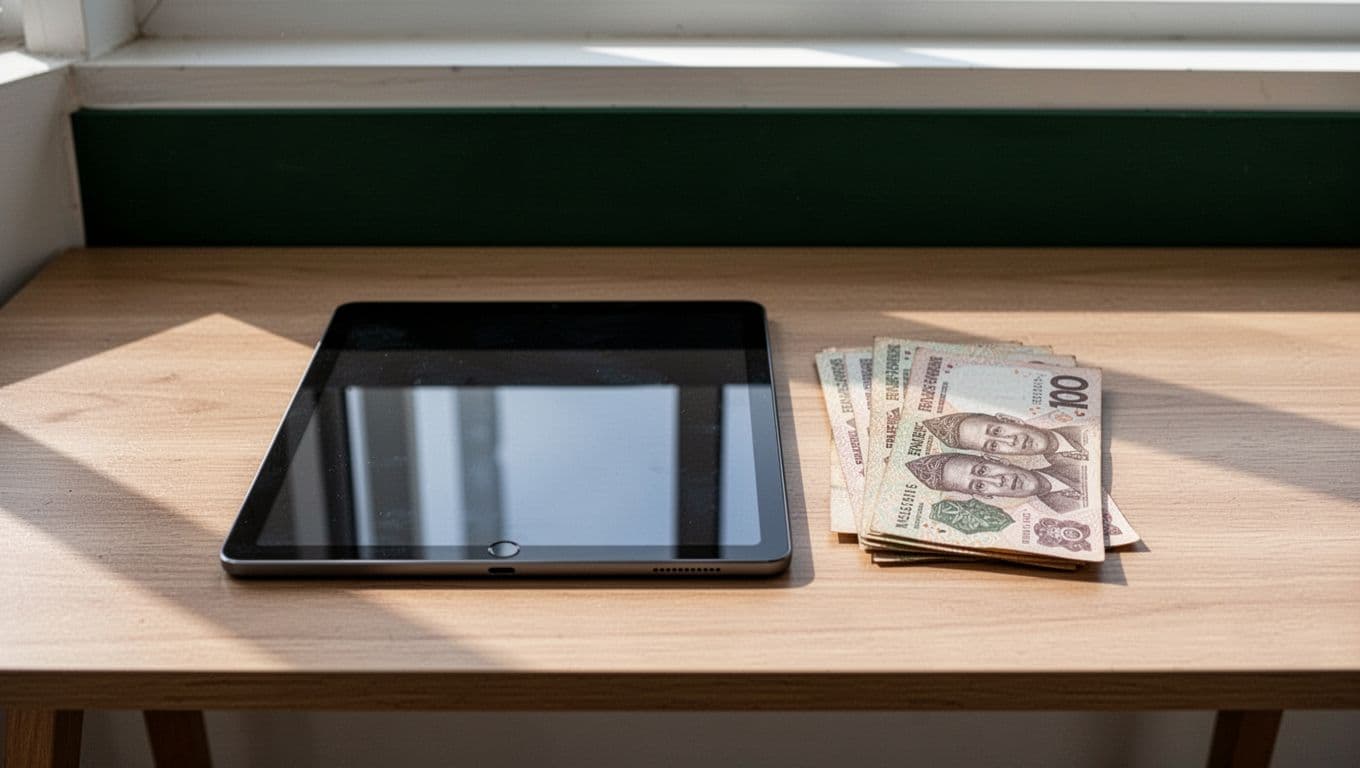 Tablet and Indonesian currency notes on a minimalist desk beneath a dark-green band.