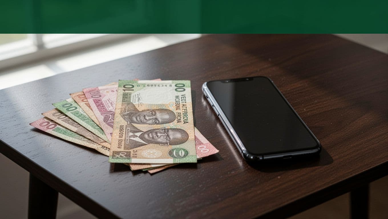 Currency notes and a mobile phone sit beneath a dark green Payout Options banner.