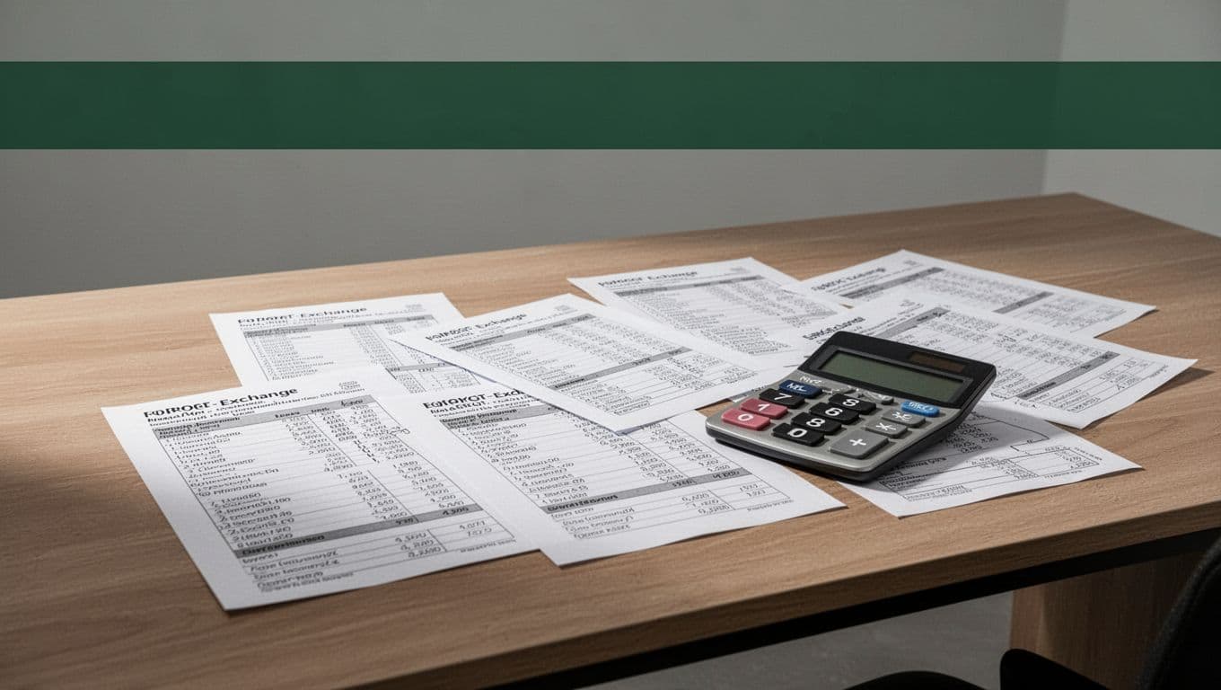 A desk with currency exchange documents beneath a dark-green Payout Options headline.
