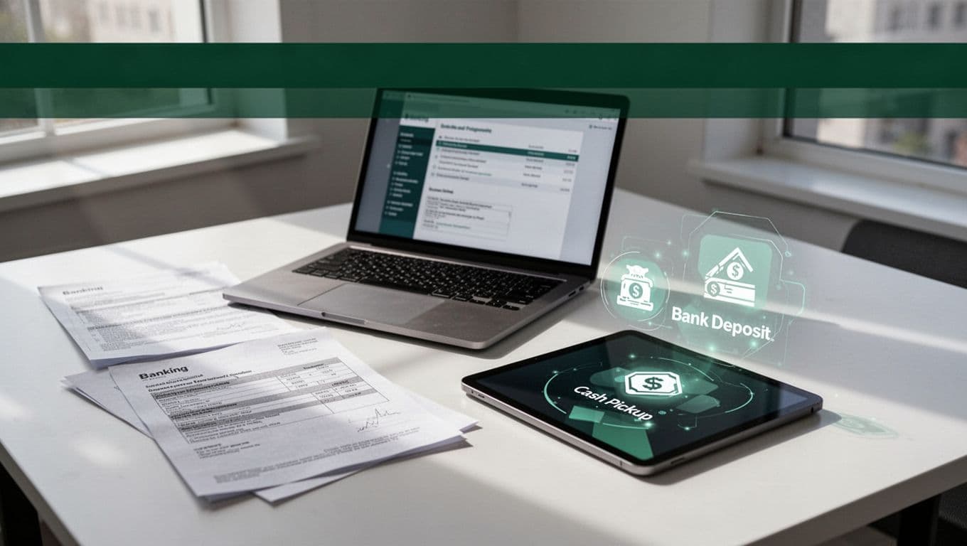 Desk with banking papers, a phone, and laptop beneath a Payout Options banner.