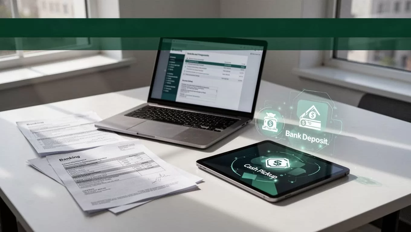 Desk with banking papers, a phone, and laptop beneath a Payout Options banner.