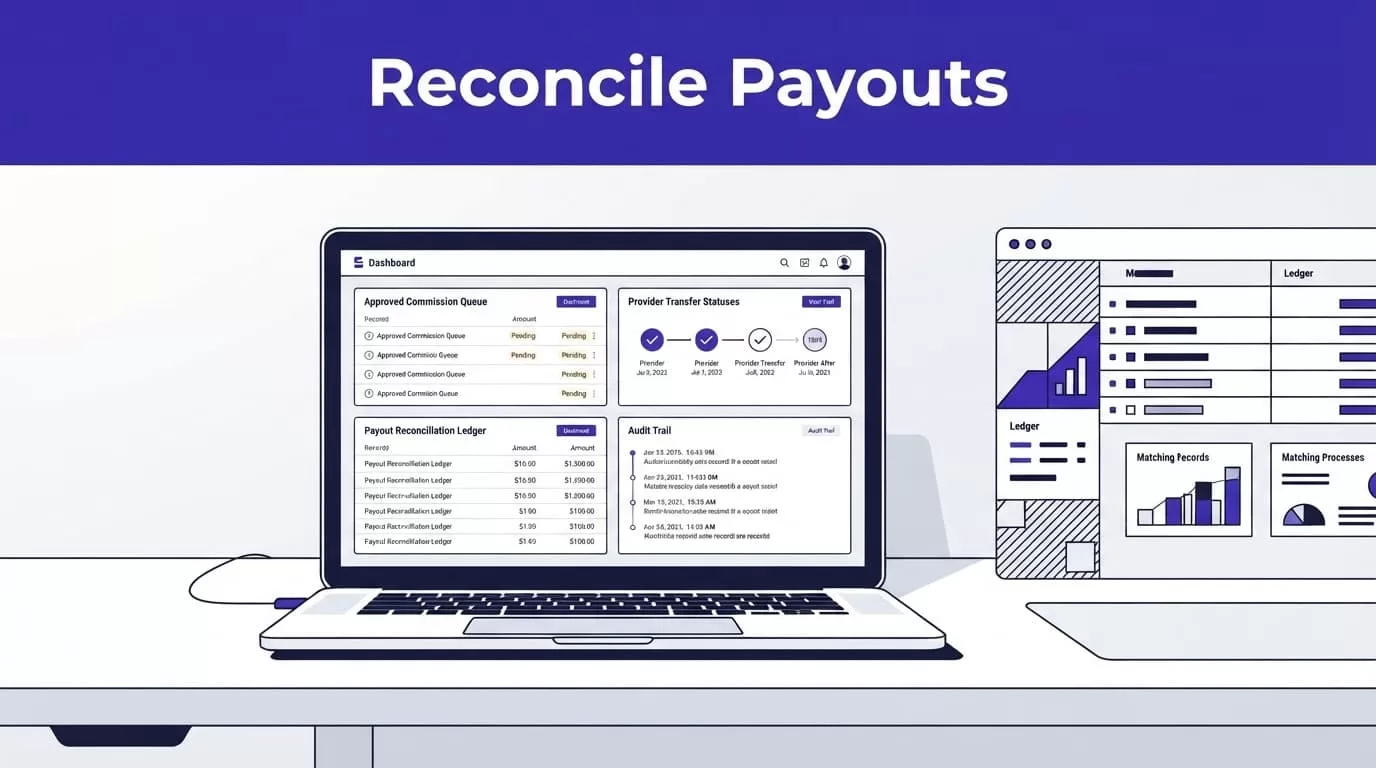 Laptop showing payout reconciliation controls beneath an indigo Reconcile Payouts banner.