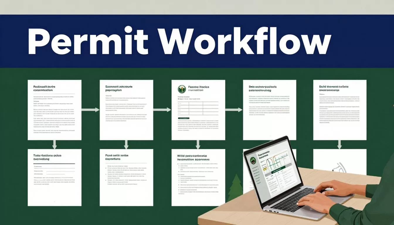 A coordinator reviews a laptop beside timber documents and connected permit workflow panels.