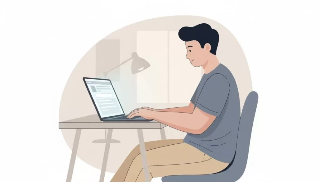 Modern illustration of a person at a desk using a laptop to search for email addresses on Hunter.io, with clean shapes, soft office lighting, and neutral background.