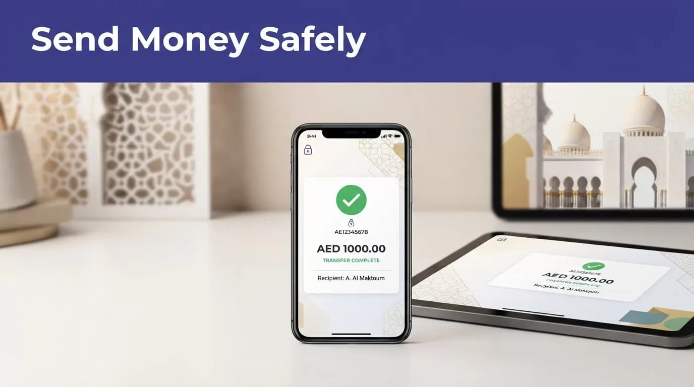 A smartphone shows a secure transfer confirmation beneath an indigo