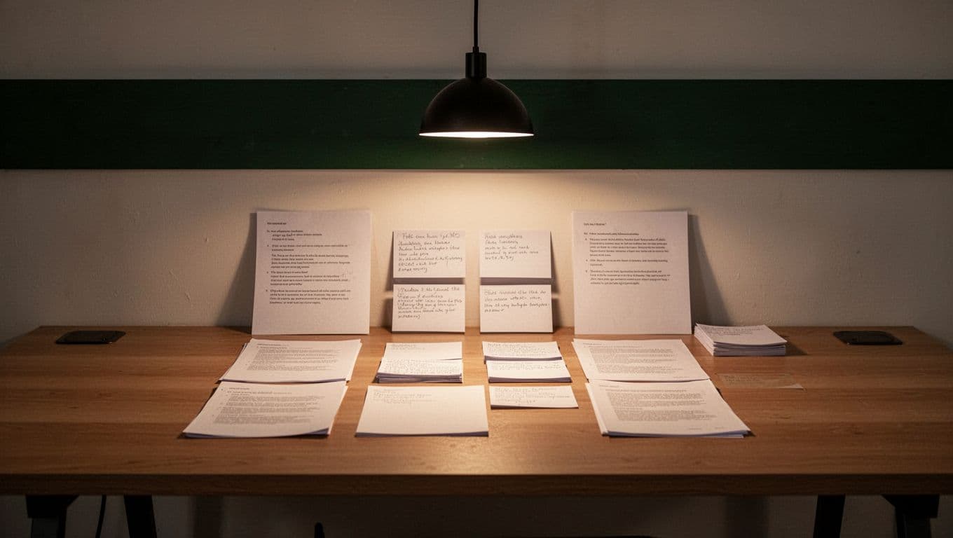Dark-green headline band above structured paper notes and a desk lamp.