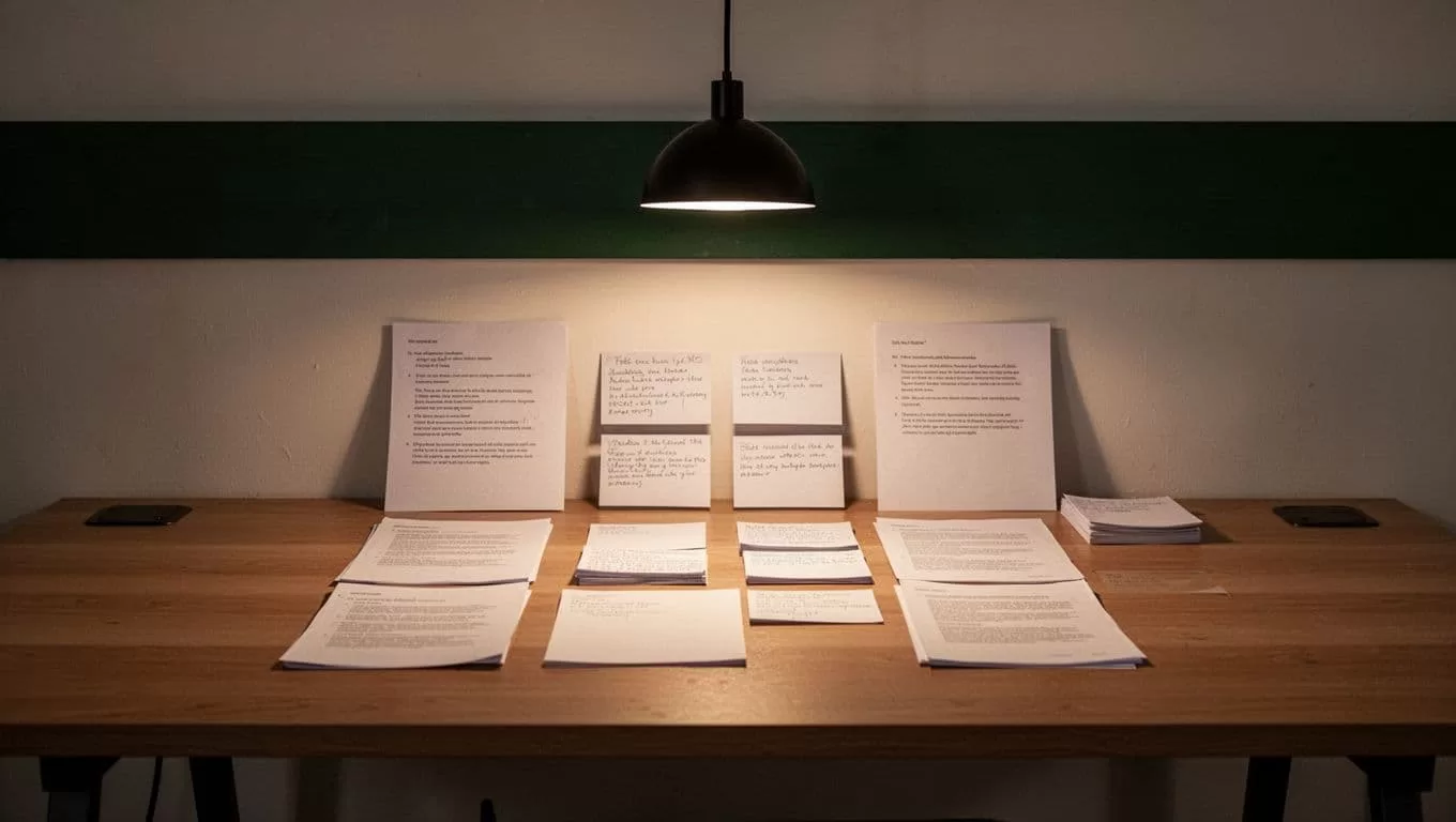 Dark-green headline band above structured paper notes and a desk lamp.