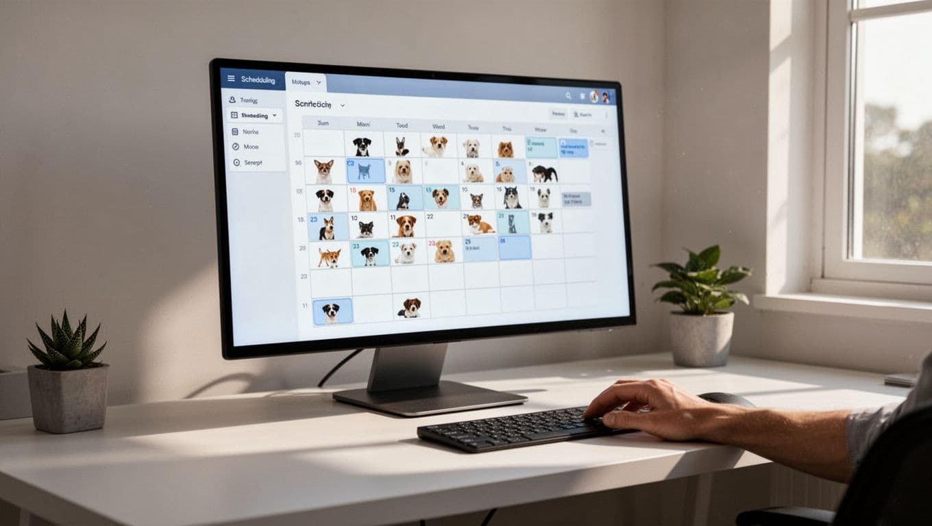 A scheduling calendar and pet icons sit beneath a dark green headline banner.