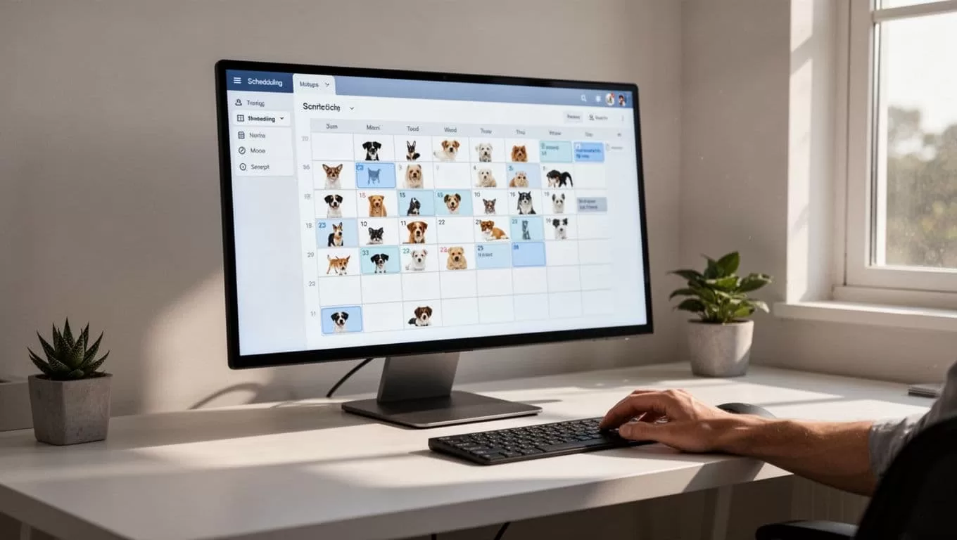 A scheduling calendar and pet icons sit beneath a dark green headline banner.