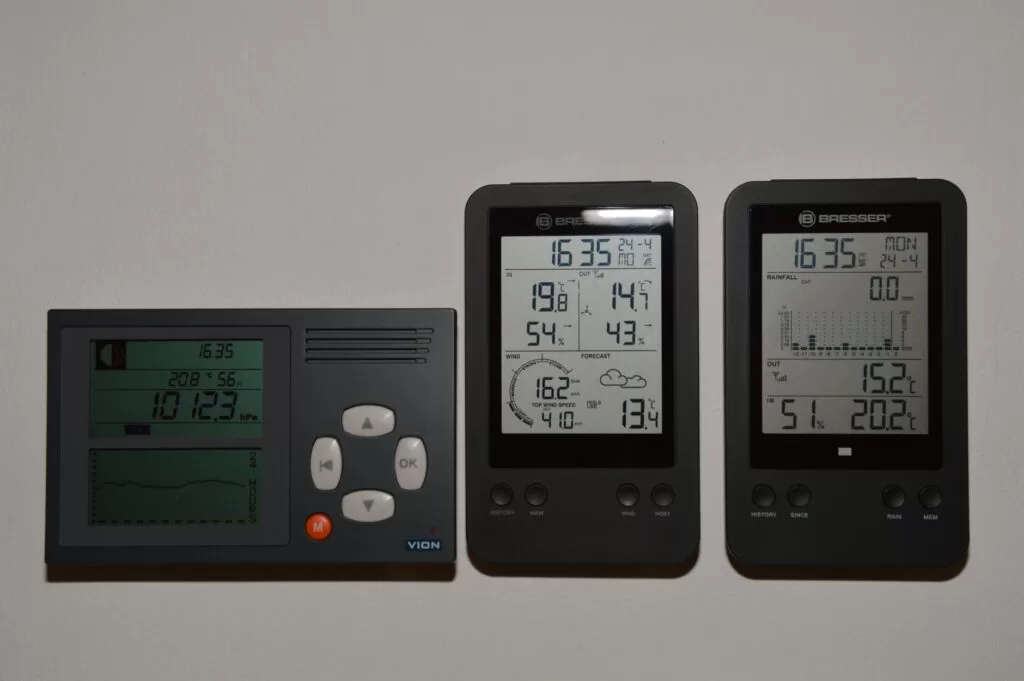 Multiple digital weather monitors display temperature and pressure readings.