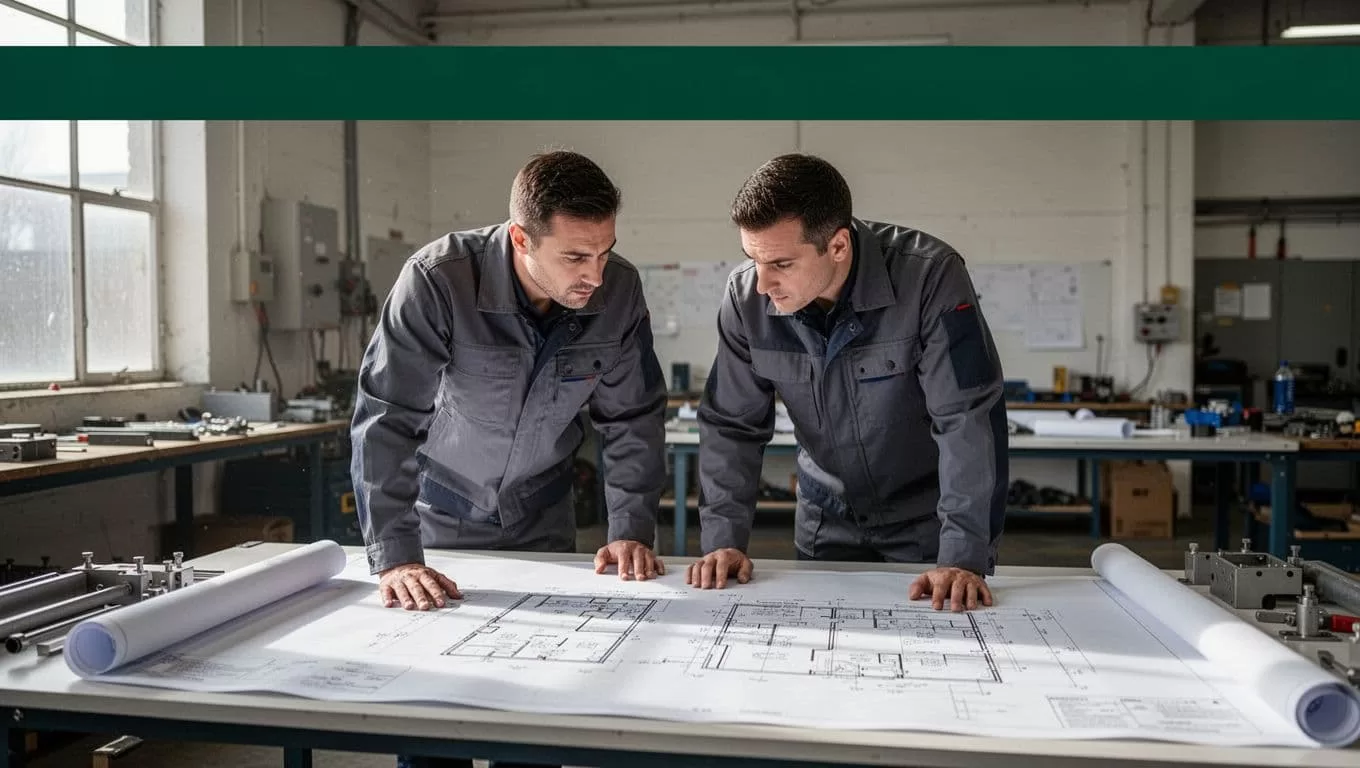 Two engineers review plant floor plans at a large desk beneath a dark-green band.