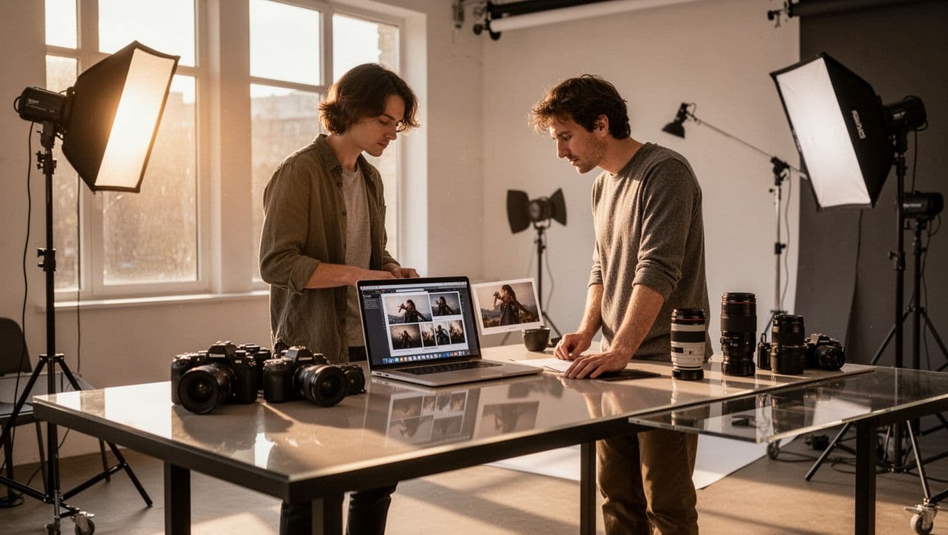 A photographer works beside cameras and a laptop under a green Workflow banner.