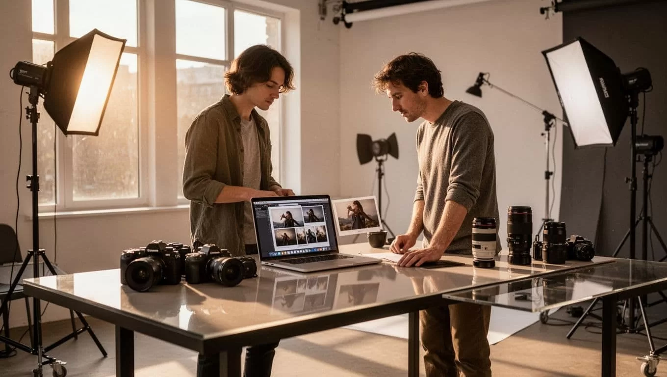 A photographer works beside cameras and a laptop under a green Workflow banner.
