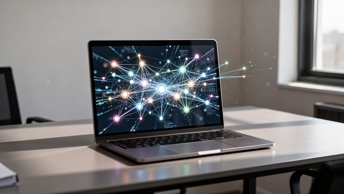 Laptop workstation with glowing data nodes beneath a Pipeline Control header.