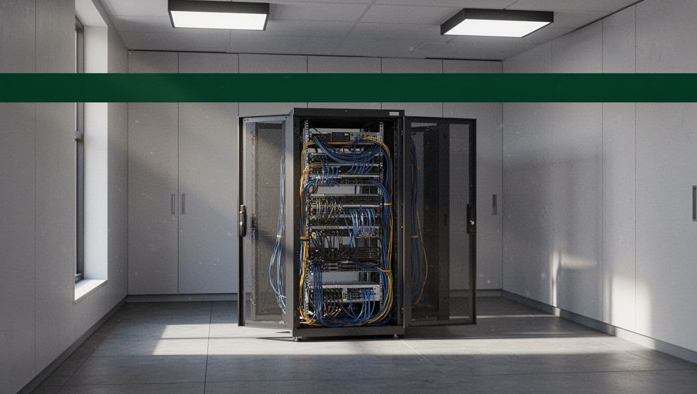 Server rack and organized data cables beneath a dark-green Pipeline Setup banner.