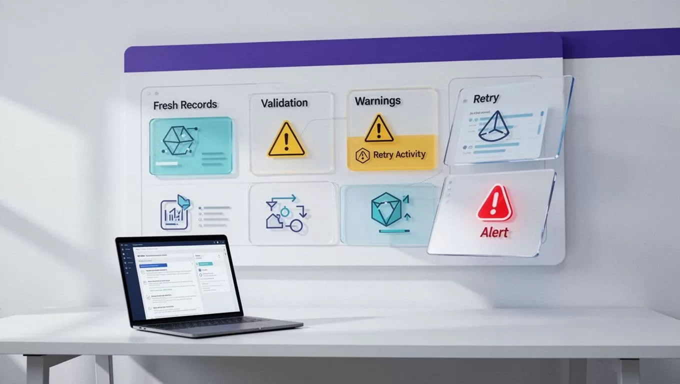 Laptop and abstract panel showing data freshness, warnings, retries, and an alert.