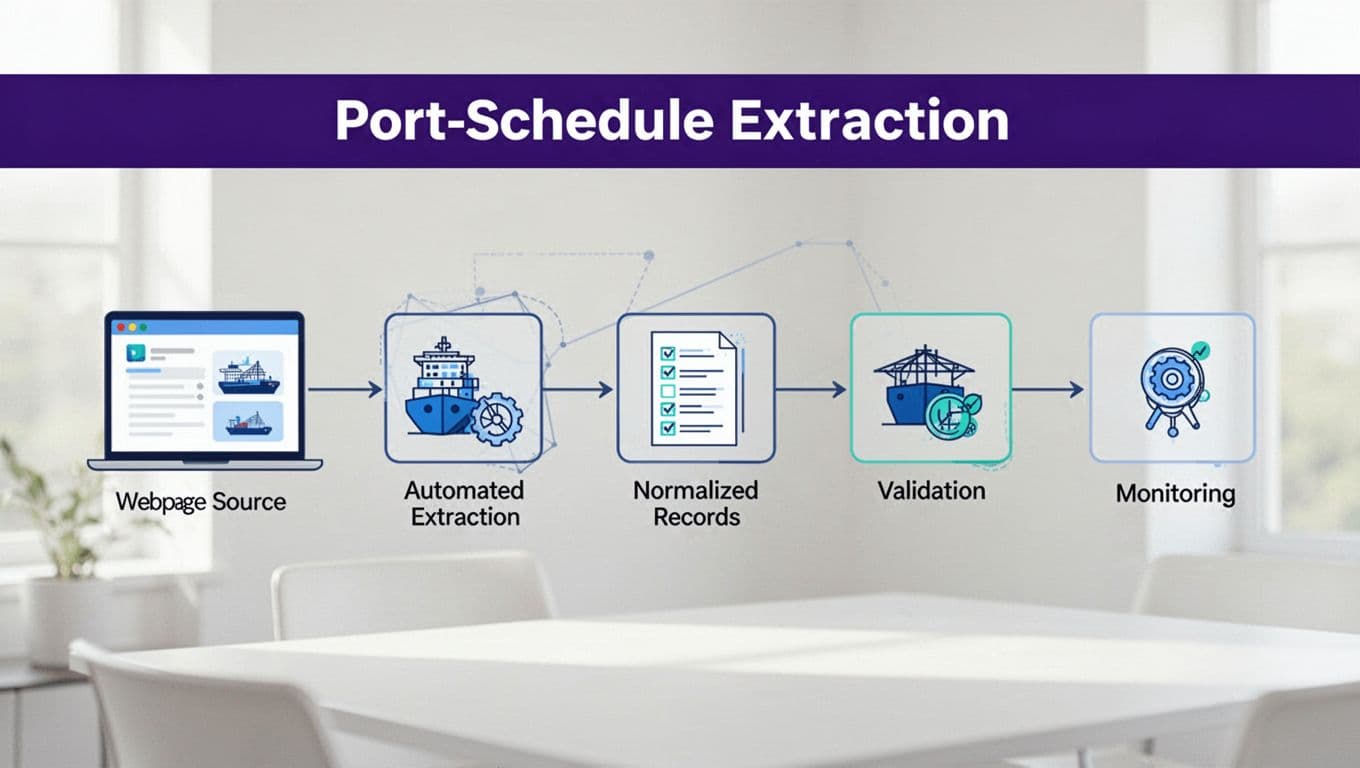 Port schedule data moves through extraction, normalization, validation, and monitoring stages.