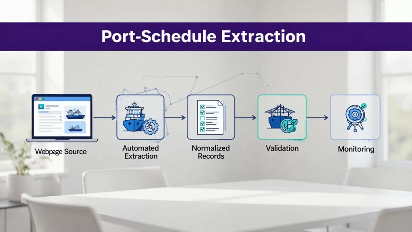 Port schedule data moves through extraction, normalization, validation, and monitoring stages.