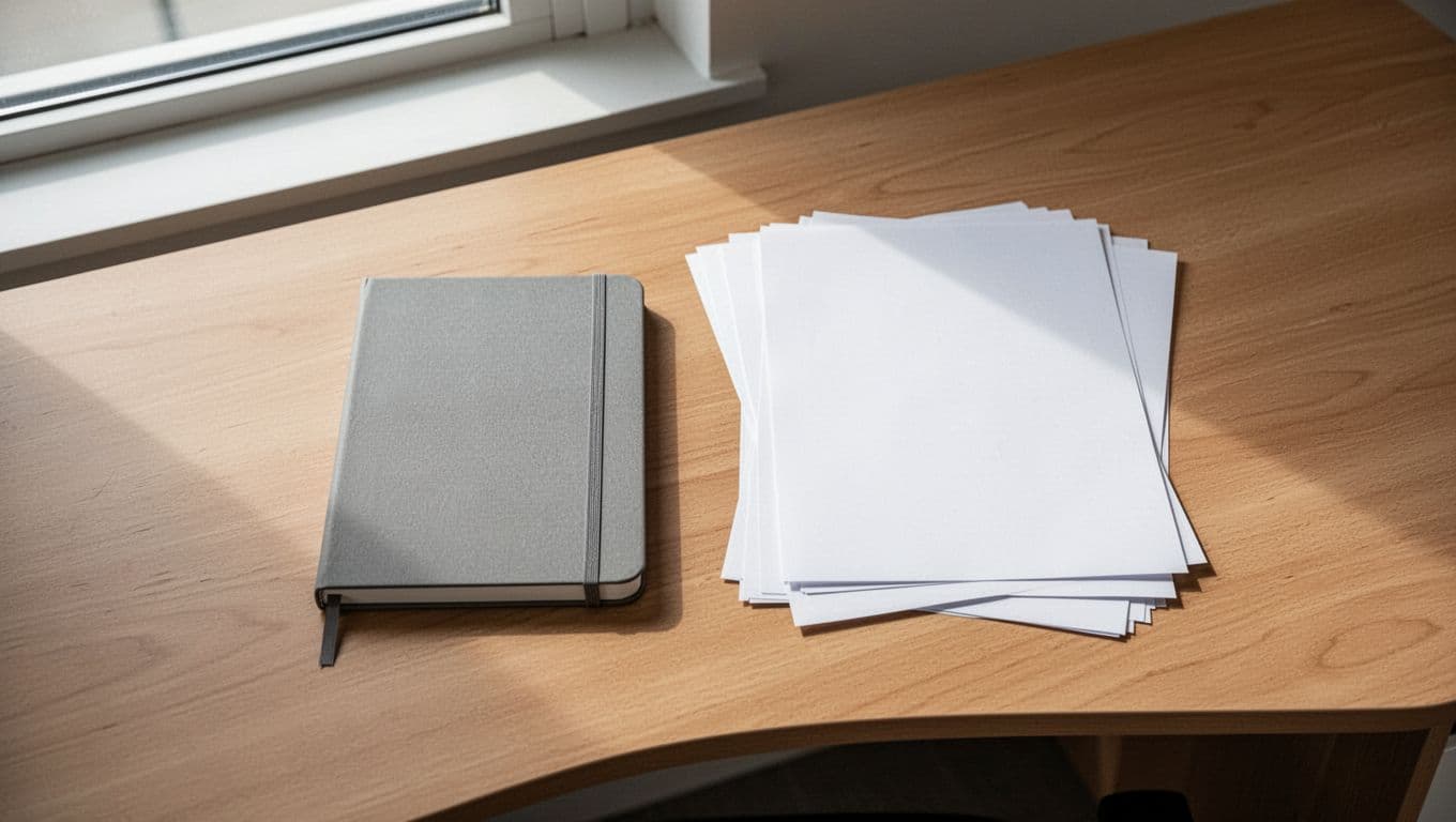 Financial reports and a notebook arranged on a minimalist desk in soft daylight.