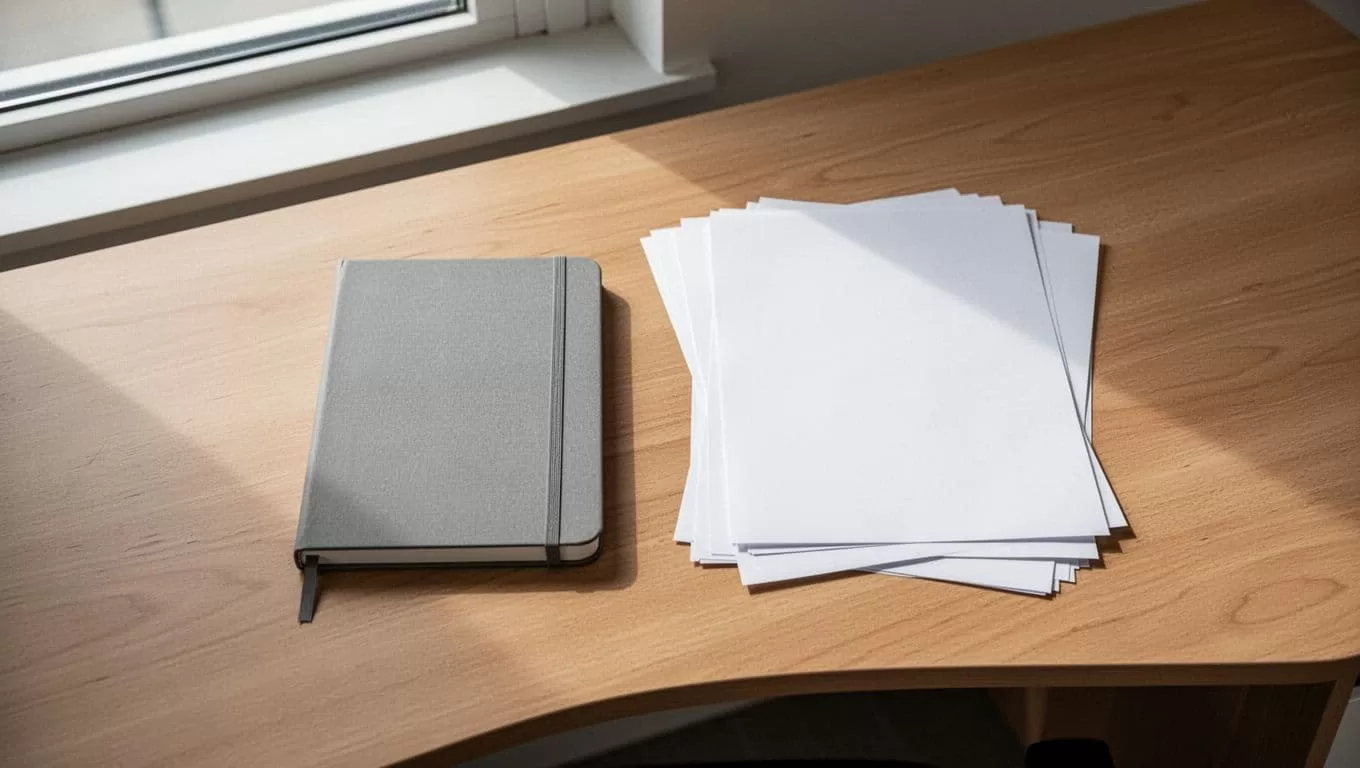 Financial reports and a notebook arranged on a minimalist desk in soft daylight.
