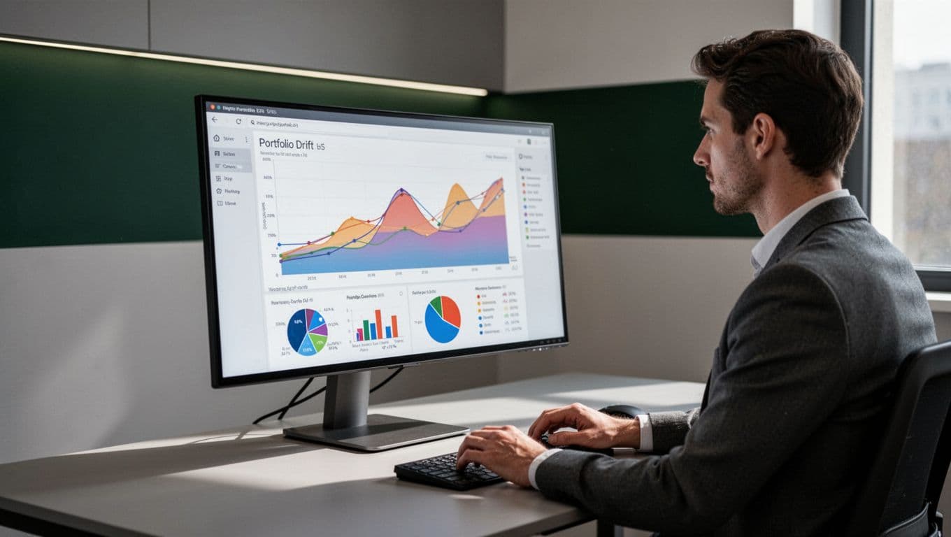 A person viewing a portfolio drift chart on a dark-green branded screen.