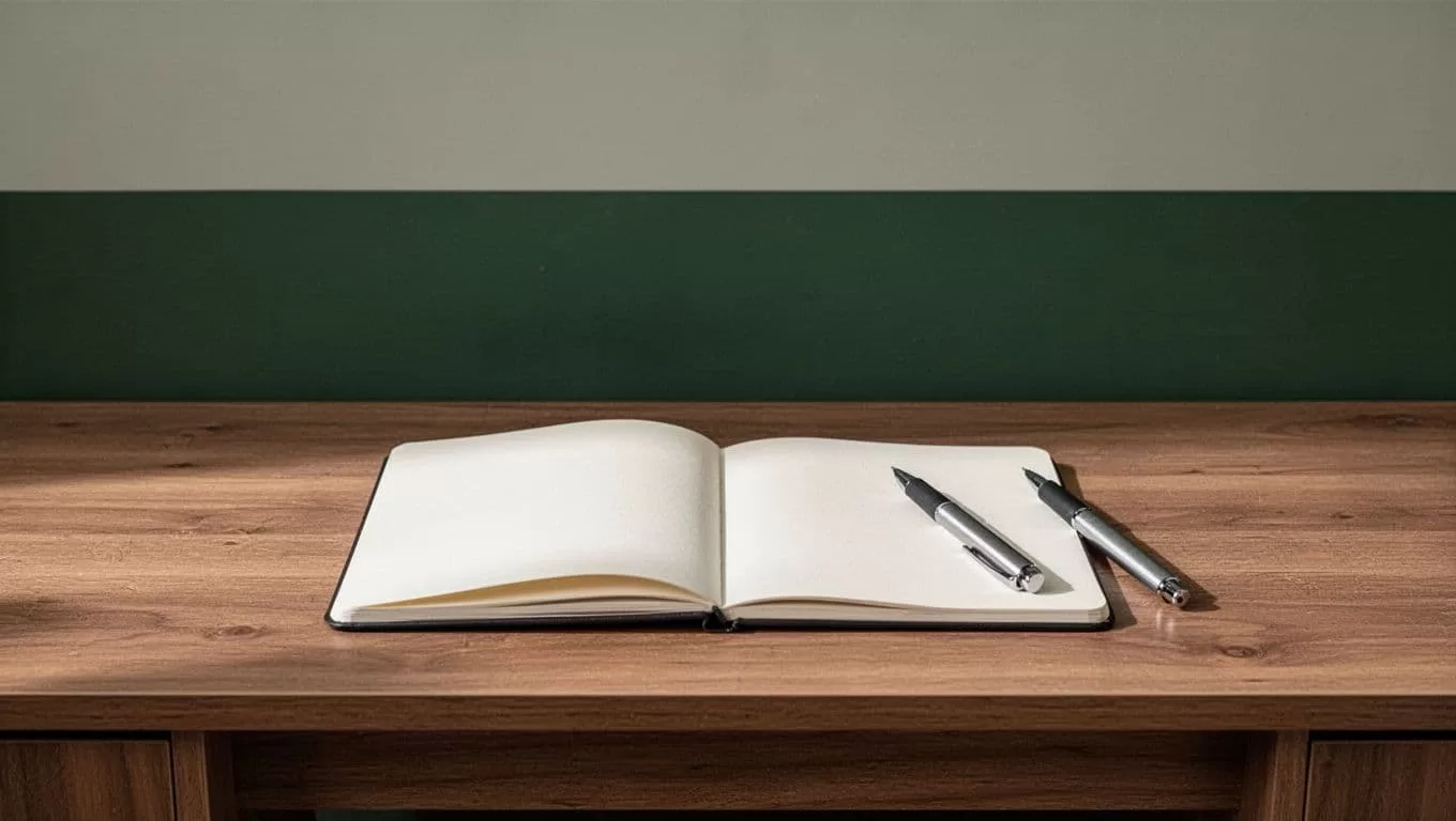 A green headline band sits above a wooden desk with a notebook and pen.