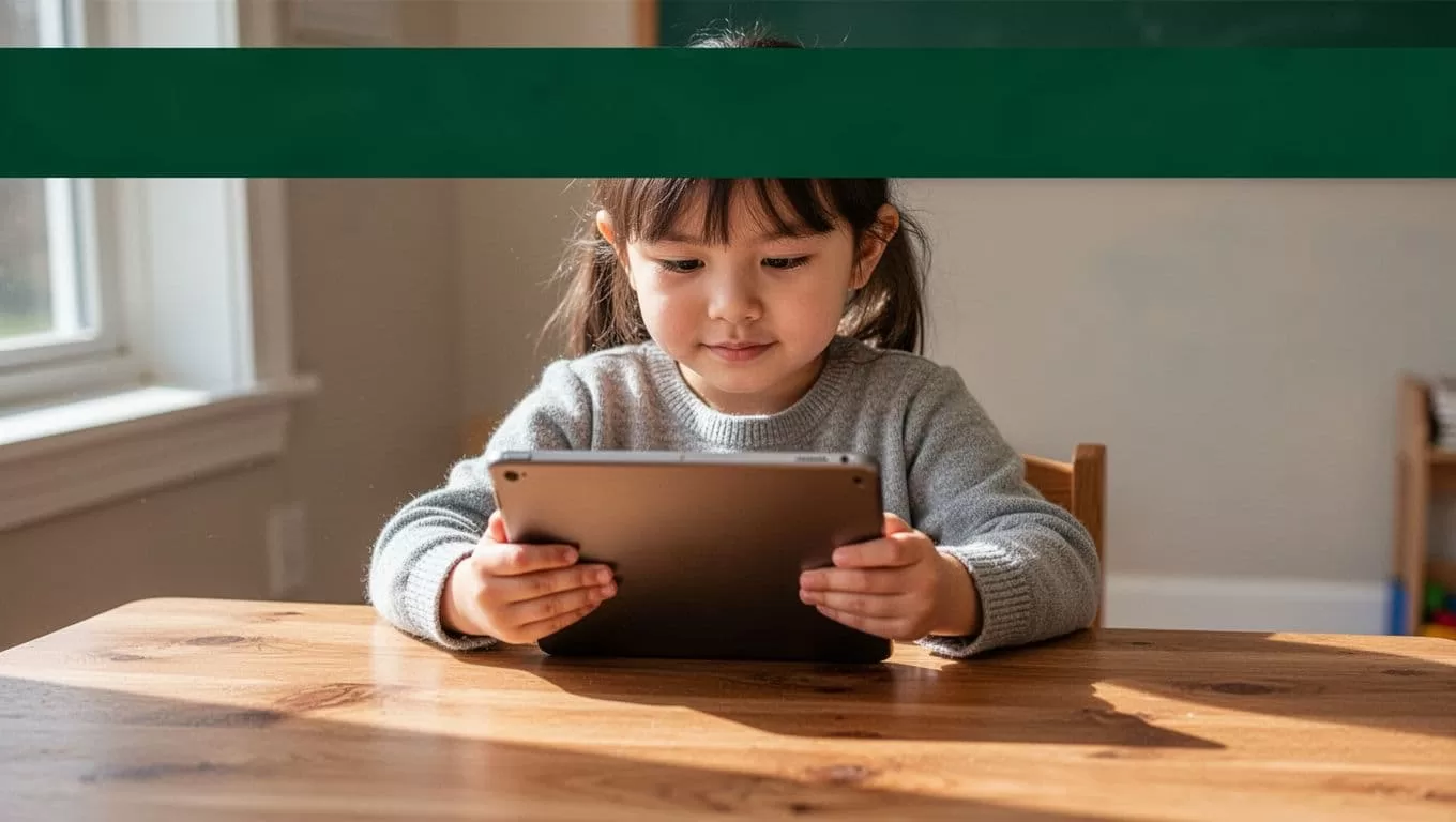 A preschool educator reviews a tablet at a wooden table under a Smart Workflow banner.