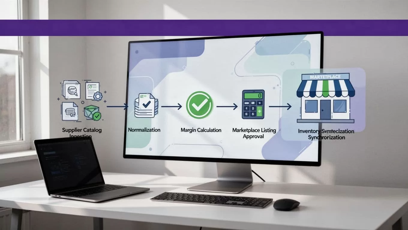 Illustration of a catalog moving through pricing checks to marketplace approval and inventory sync.