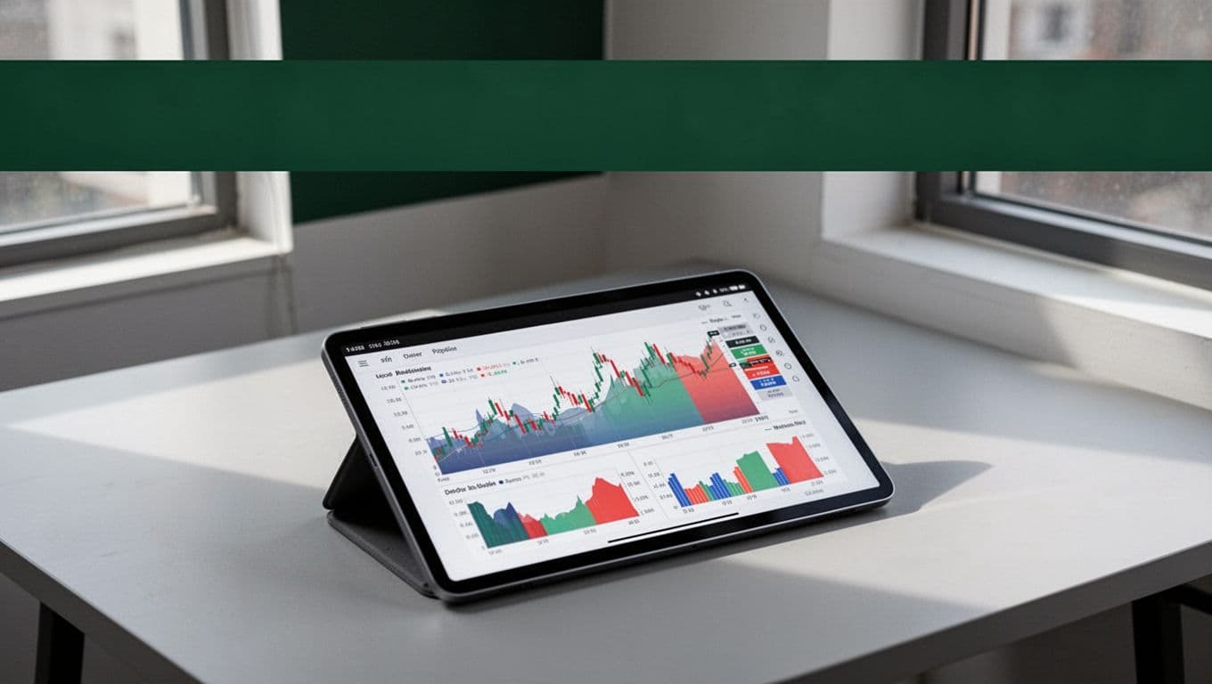 Tablet showing financial charts beneath a dark-green Pricing Rules banner.