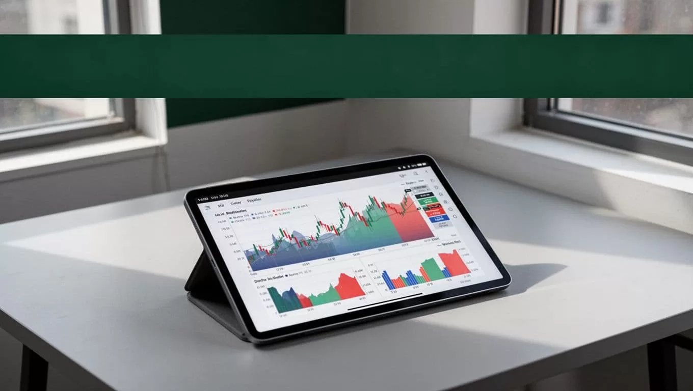 Tablet showing financial charts beneath a dark-green Pricing Rules banner.