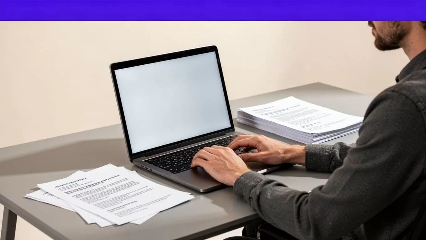 A procurement analyst reviews contract pages beside a laptop at a clean office desk.