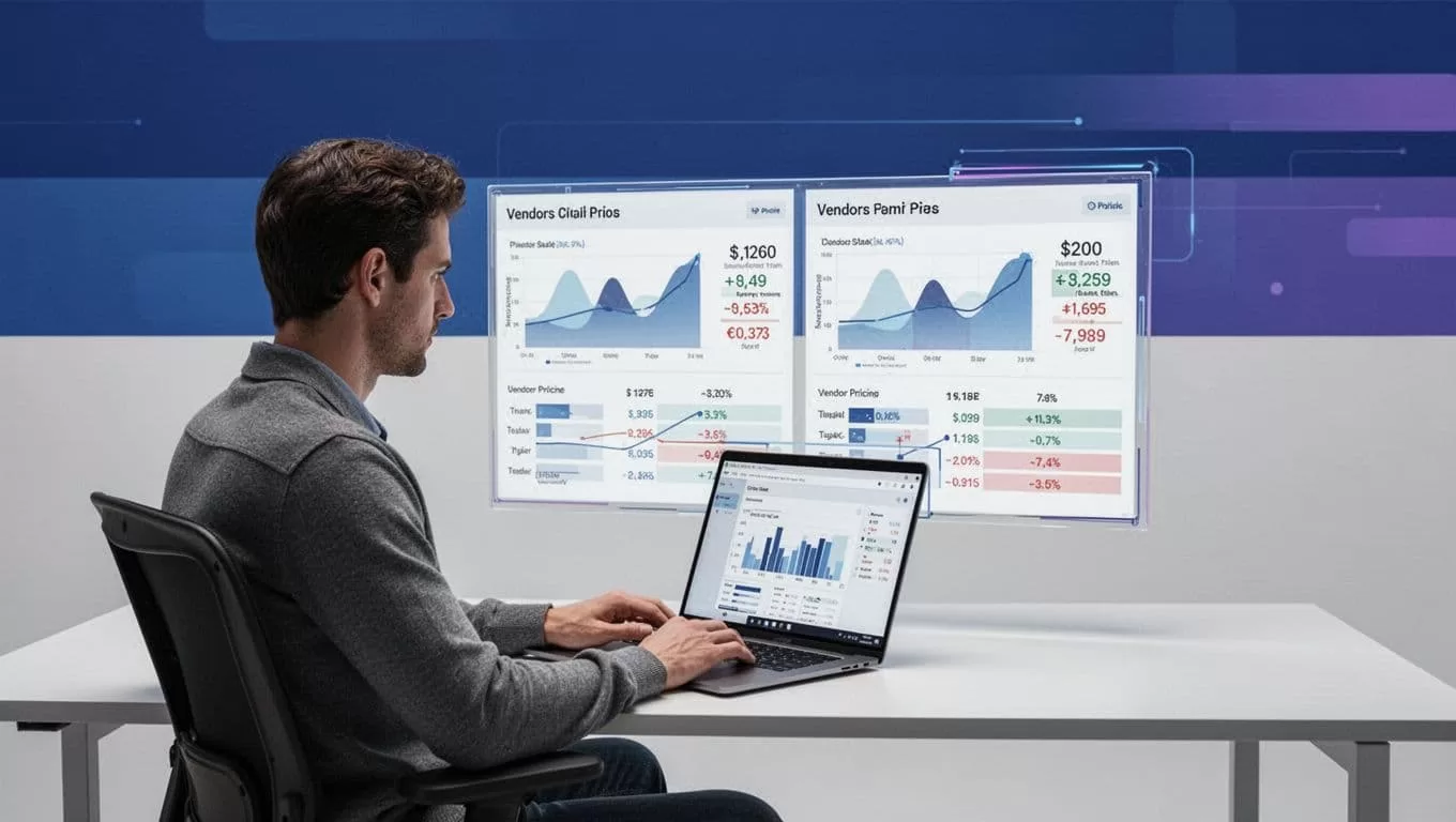 An analyst reviews pricing data on one laptop beside a structured board.