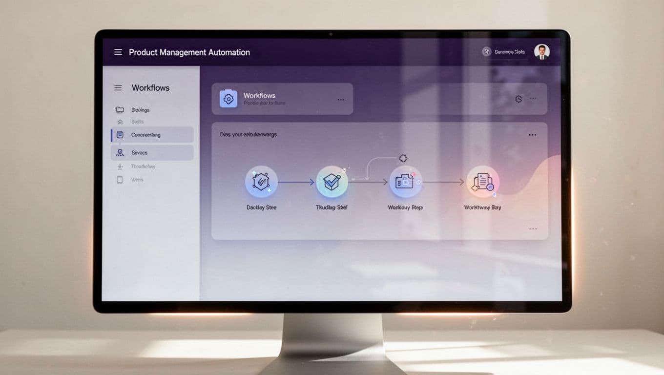 A computer screen showing a product management automation workflow dashboard.