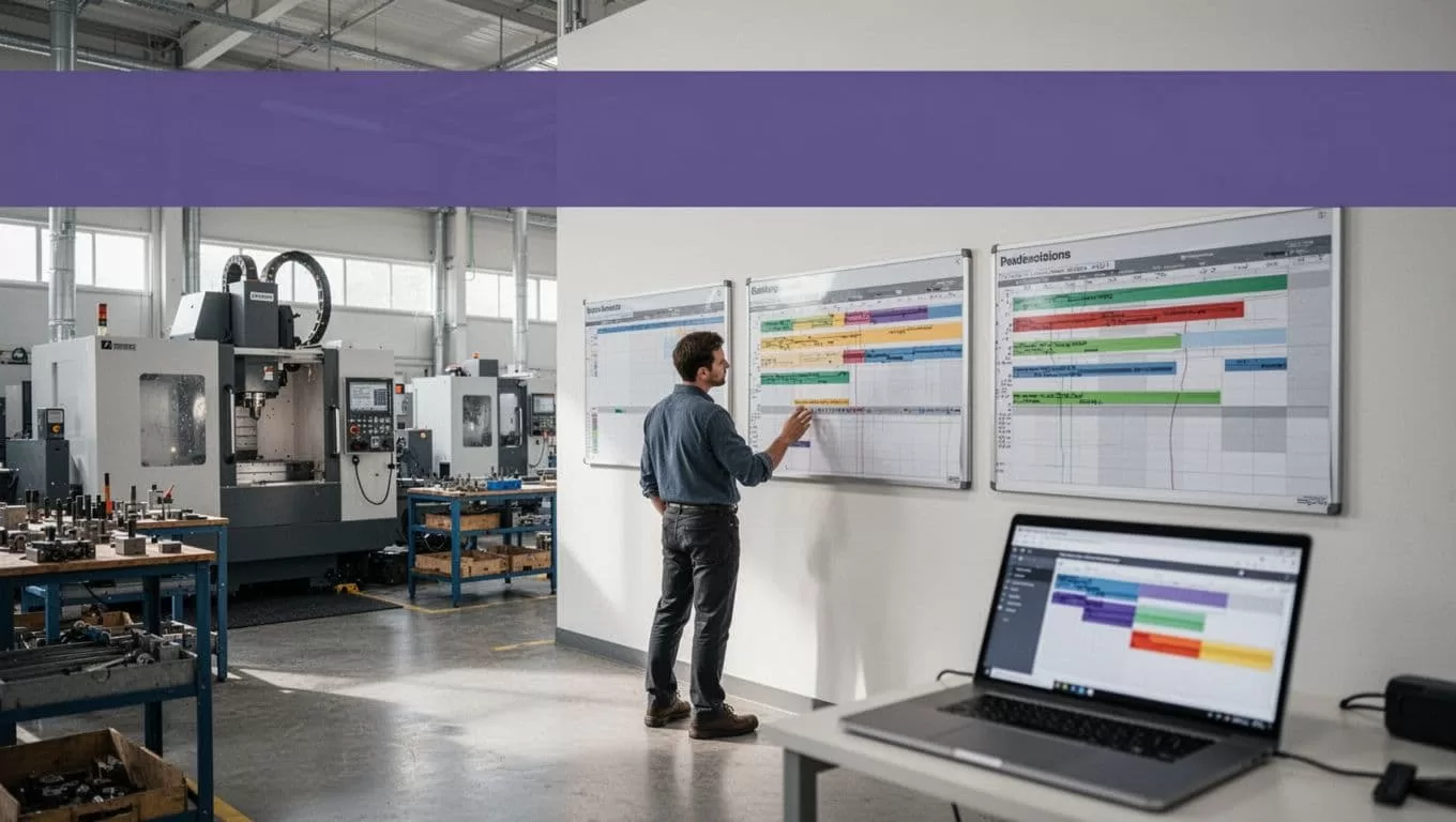 A manager reviews a planning board beside a laptop on a clean factory floor.