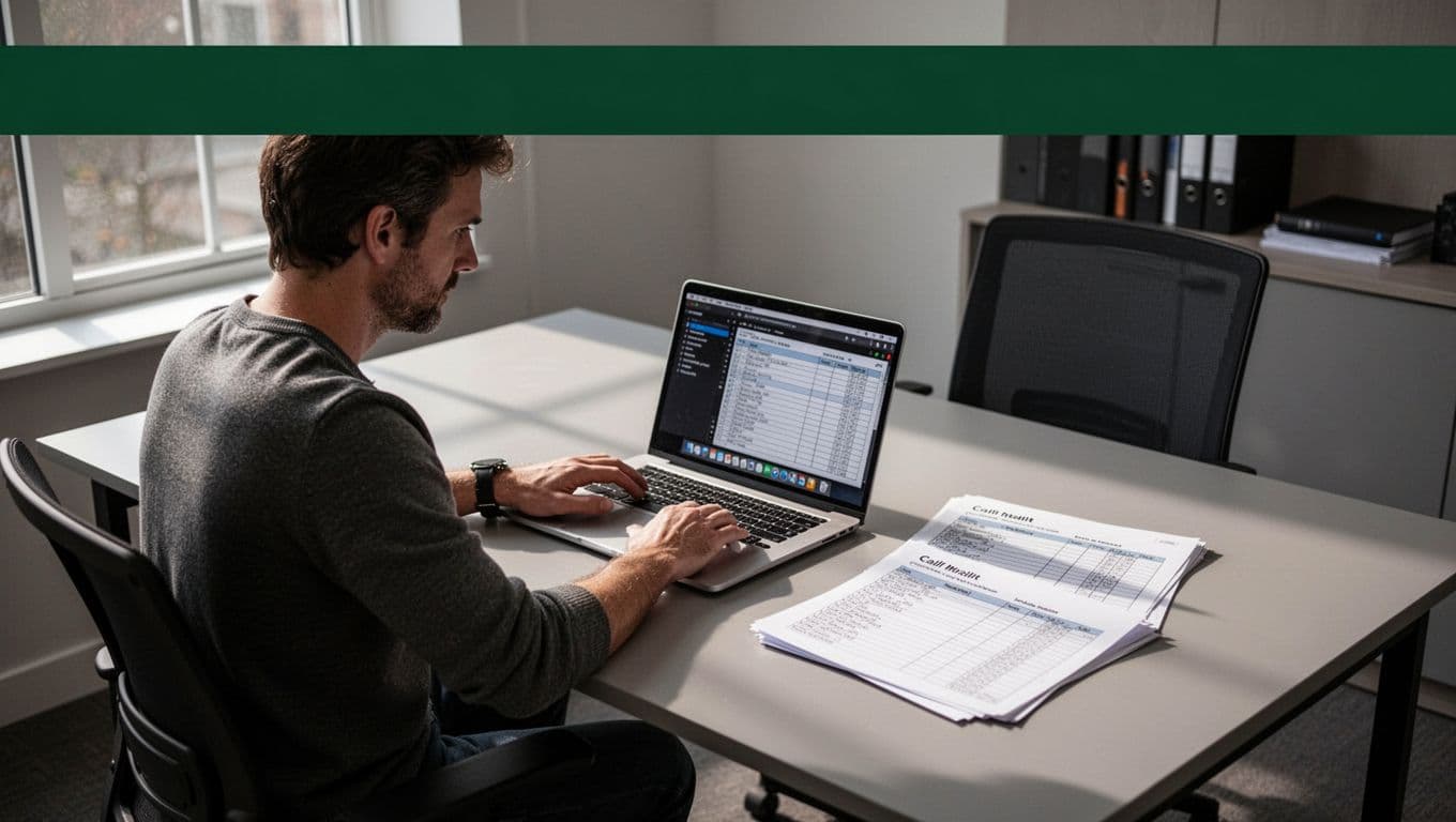 One producer works at a desk with a laptop and organized call sheets below a STATUS banner.