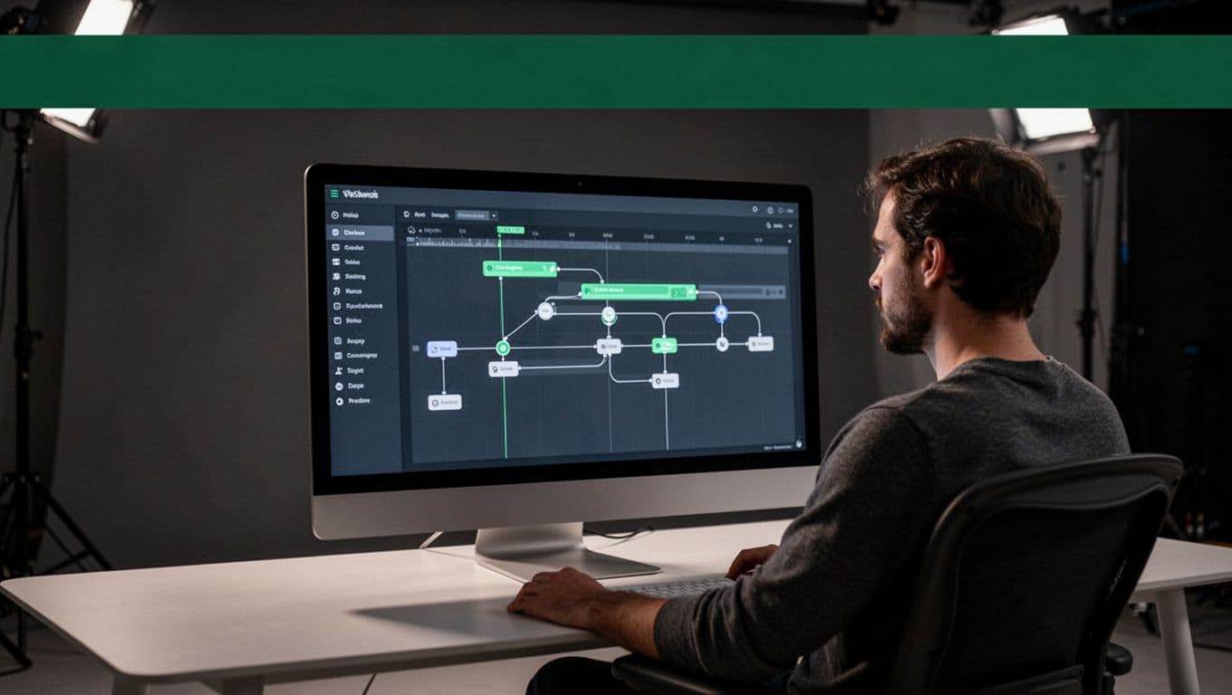 A monitor shows connected film production timeline nodes in a dark studio.