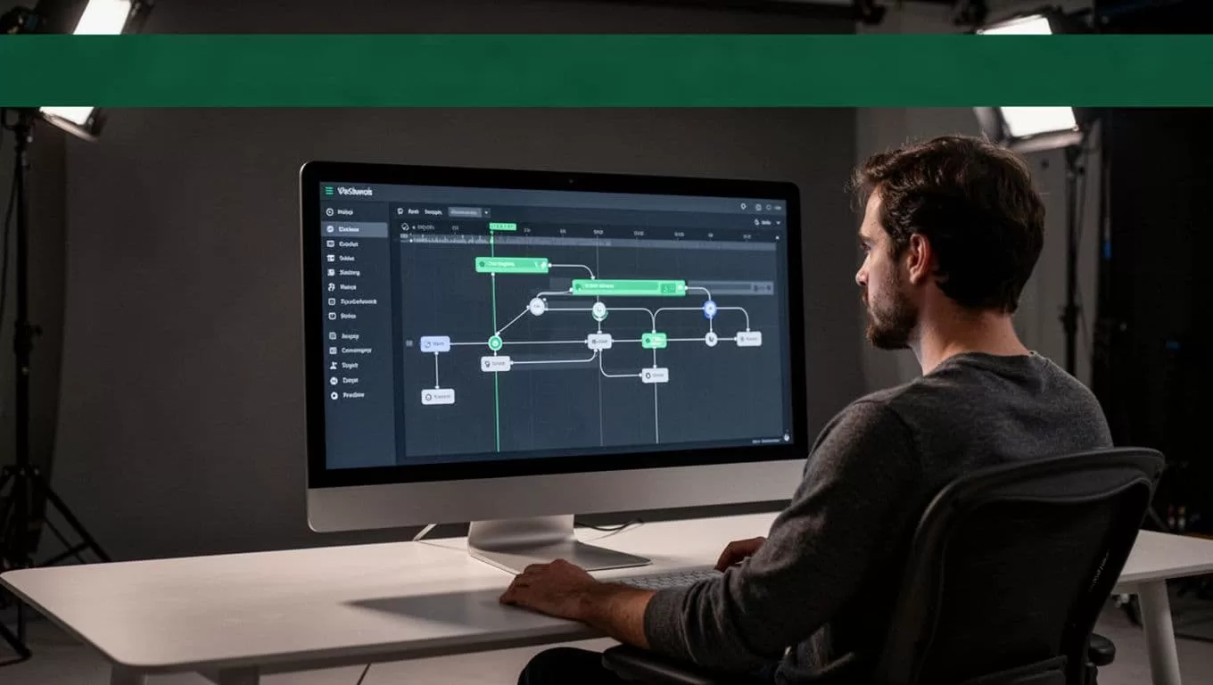 A monitor shows connected film production timeline nodes in a dark studio.