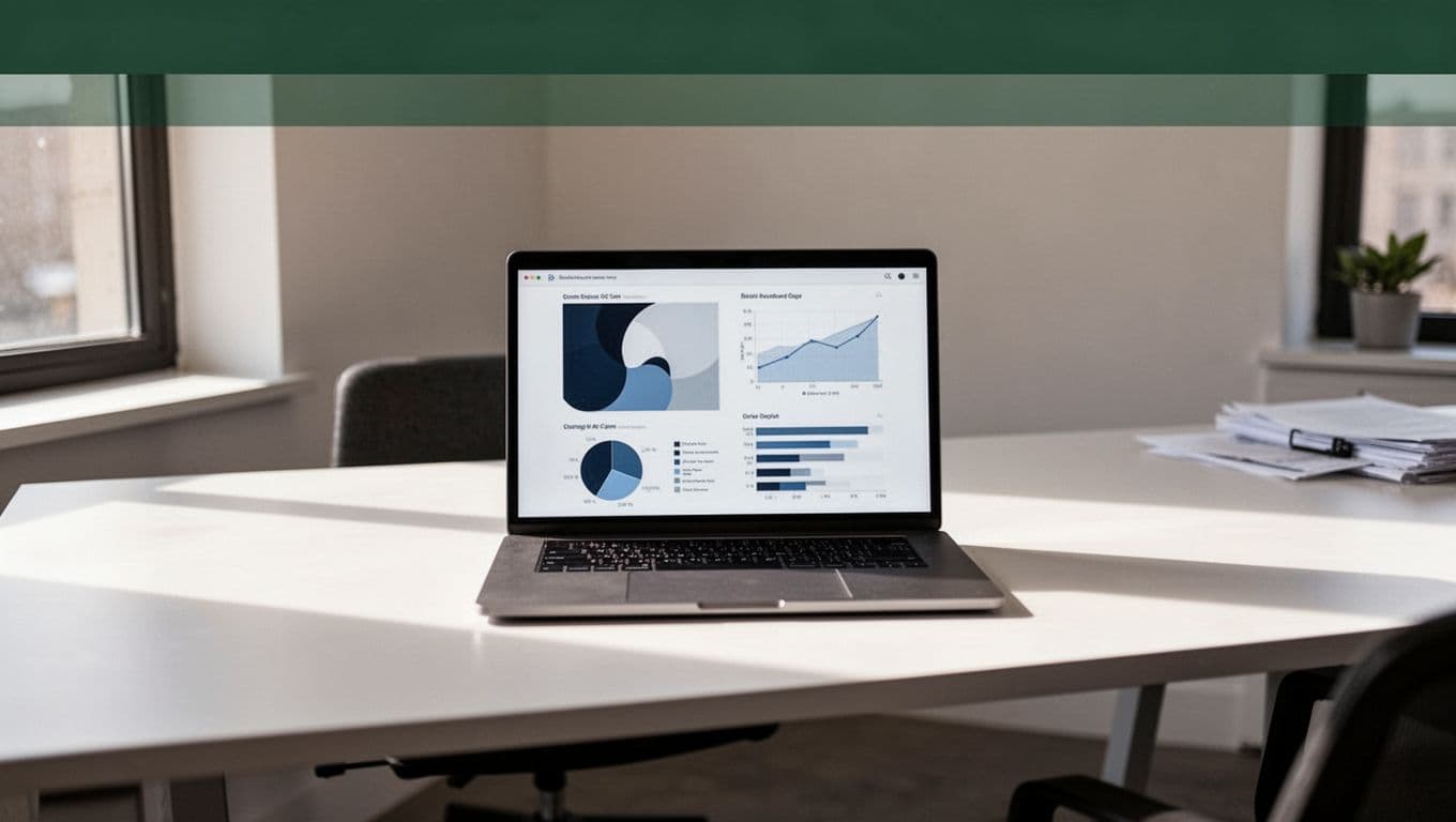 Laptop with property charts on a clean modern office desk.