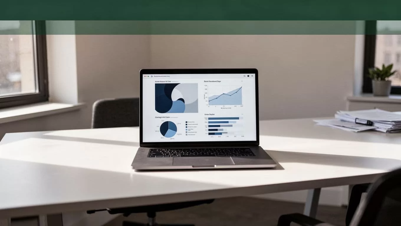 Laptop with property charts on a clean modern office desk.