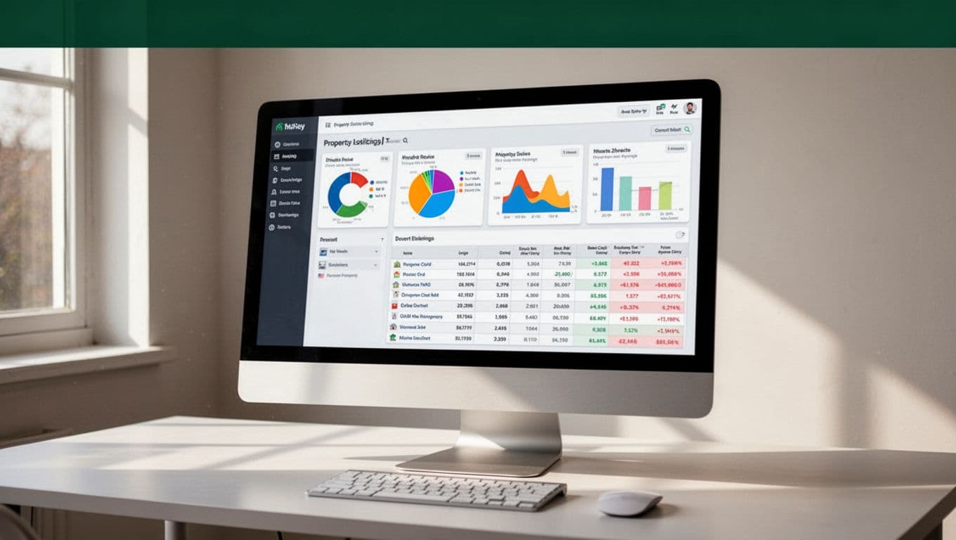 Desktop monitor showing a real estate dashboard beneath a dark-green Property Data banner.